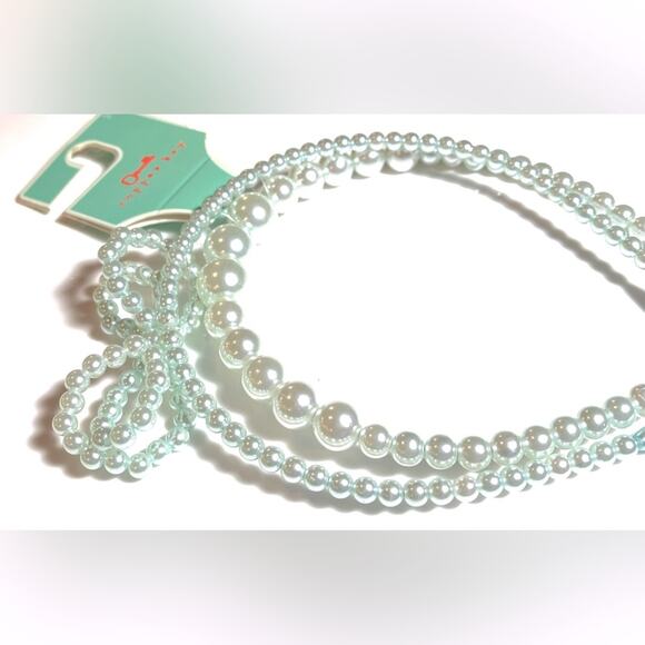 NEW Set (2) HEADBANDS Copper Key GIRLS Kids Blue Graduated Faux Pearl & Bow - Picture 3 of 4